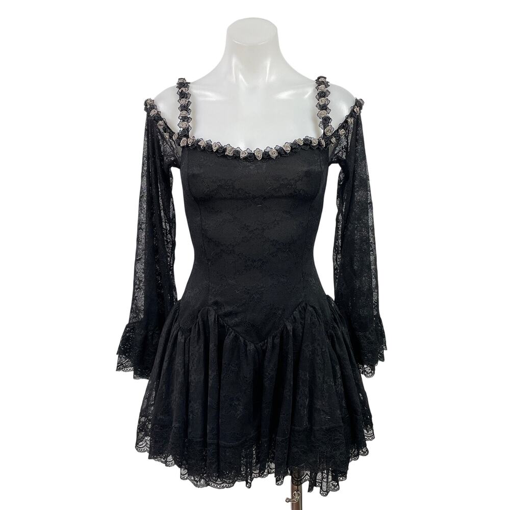 NEW Sugar Thrillz Black Lace Sheer Flowers Long Bell Sleeve Mini A-Line Dress XS